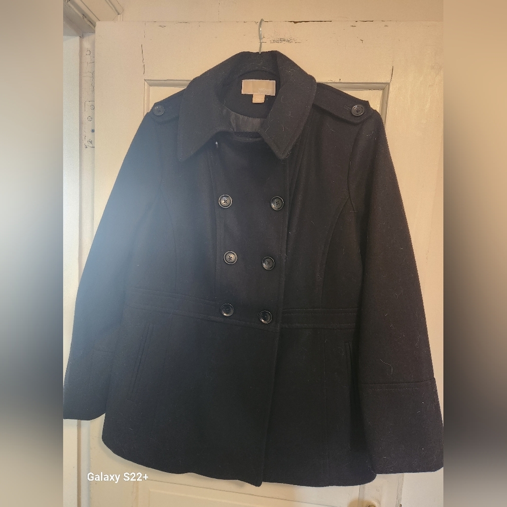 Black Pea Coat with Double-Breasted Design and Wool Blend